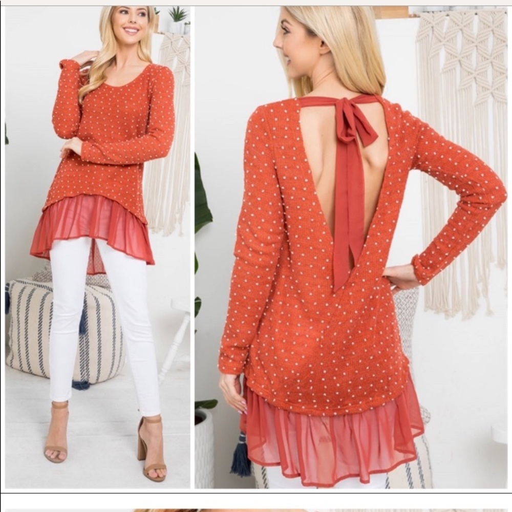 New Ryu A’reve Polka Dot High/Low Deep V Tie Back lightweight Tunic/Sweater